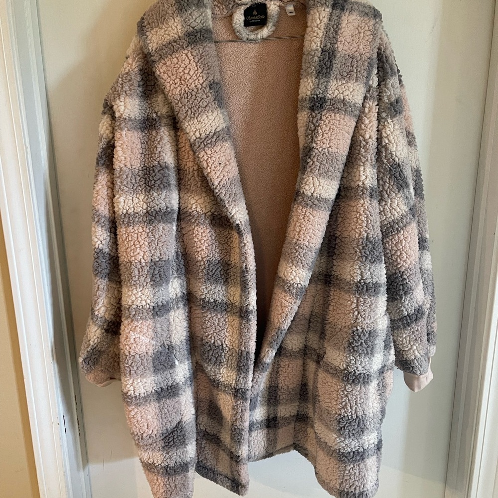 Plaid Sherpa Teddy Coat - Neutral Light Pink & Gray (Jill Martin)